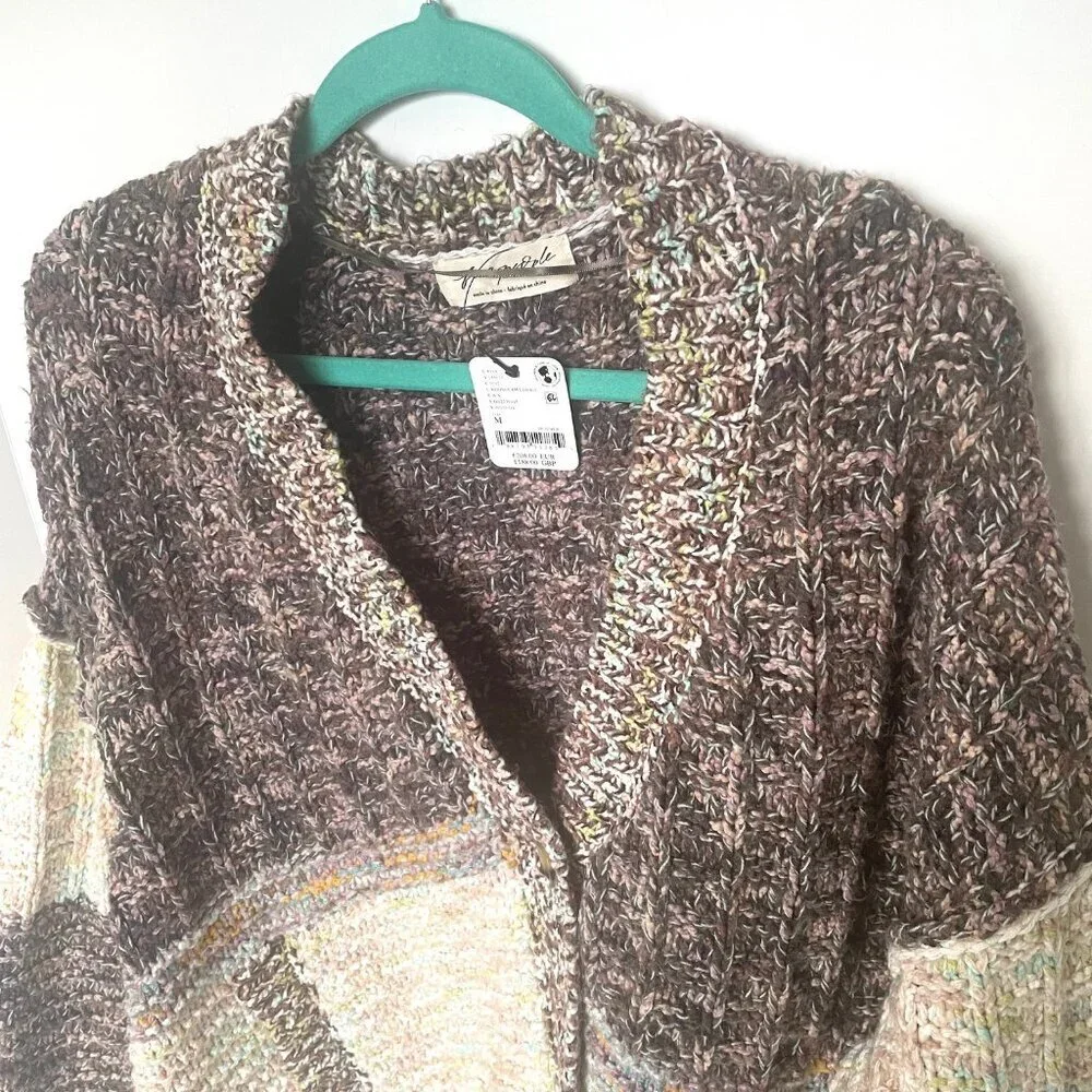 Free People Isabella Cardigan Chunky Knit Slouchy Brown Cream Patchwork M